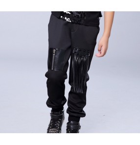 Black fringes leather patchwork fashion boys kids children stage performance competition school play hip hop jazz singer dance pants